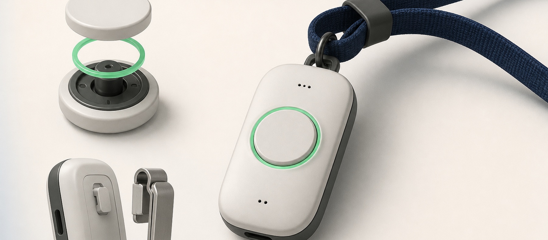 Industrial design study of a white clinician pendant with a central control and lanyard